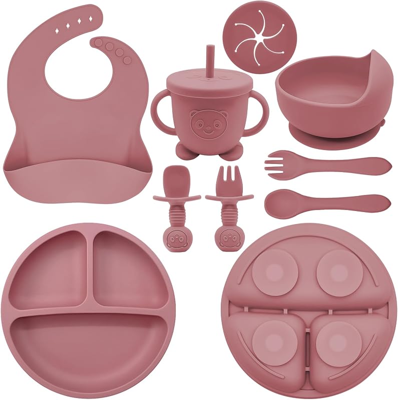 Set de alimentación de silicona para bebés | Los suministros de destete dirigidos por bebés incluyen tazones de succión y platos divididos, babero ajustable, utensilios para bebés, cucharas y tenedores, taza | Esenciales de alimentación para bebés (rojo)