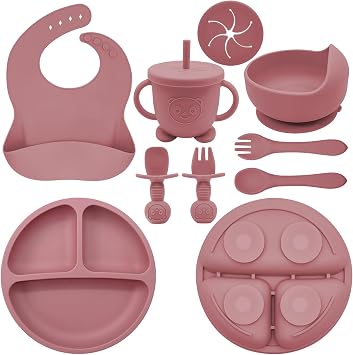 Silicone Baby Feeding Set | Baby Led Weaning Supplies Includes Suction Bowls and Divided Plates, Adjustable Bib, Baby Utensils Spoons and Forks,Cup | Baby Feeding Essentials Red