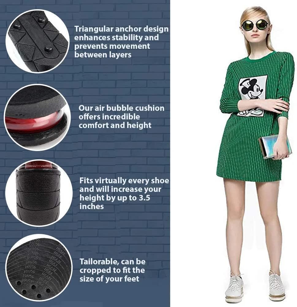Heightened and Invisible Insole, Four-Layer Heel and Lift Cover with air Cushion for 1.2" to 3.5" Variable Height Men's and Women's boosters