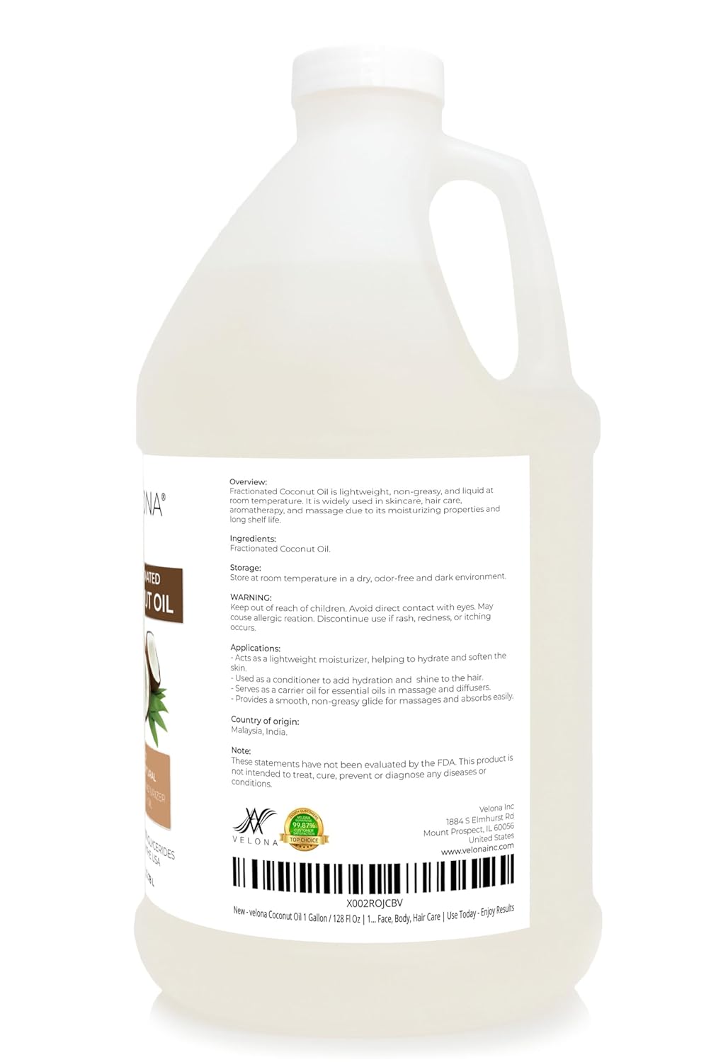 velona MCT Coconut Oil 1 Gallon / 128 Fl Oz | 100% Pure and Natural Carrier Oil | Fractionated | Skin, Face, Body, Hair Care | Use Today - Enjoy Results