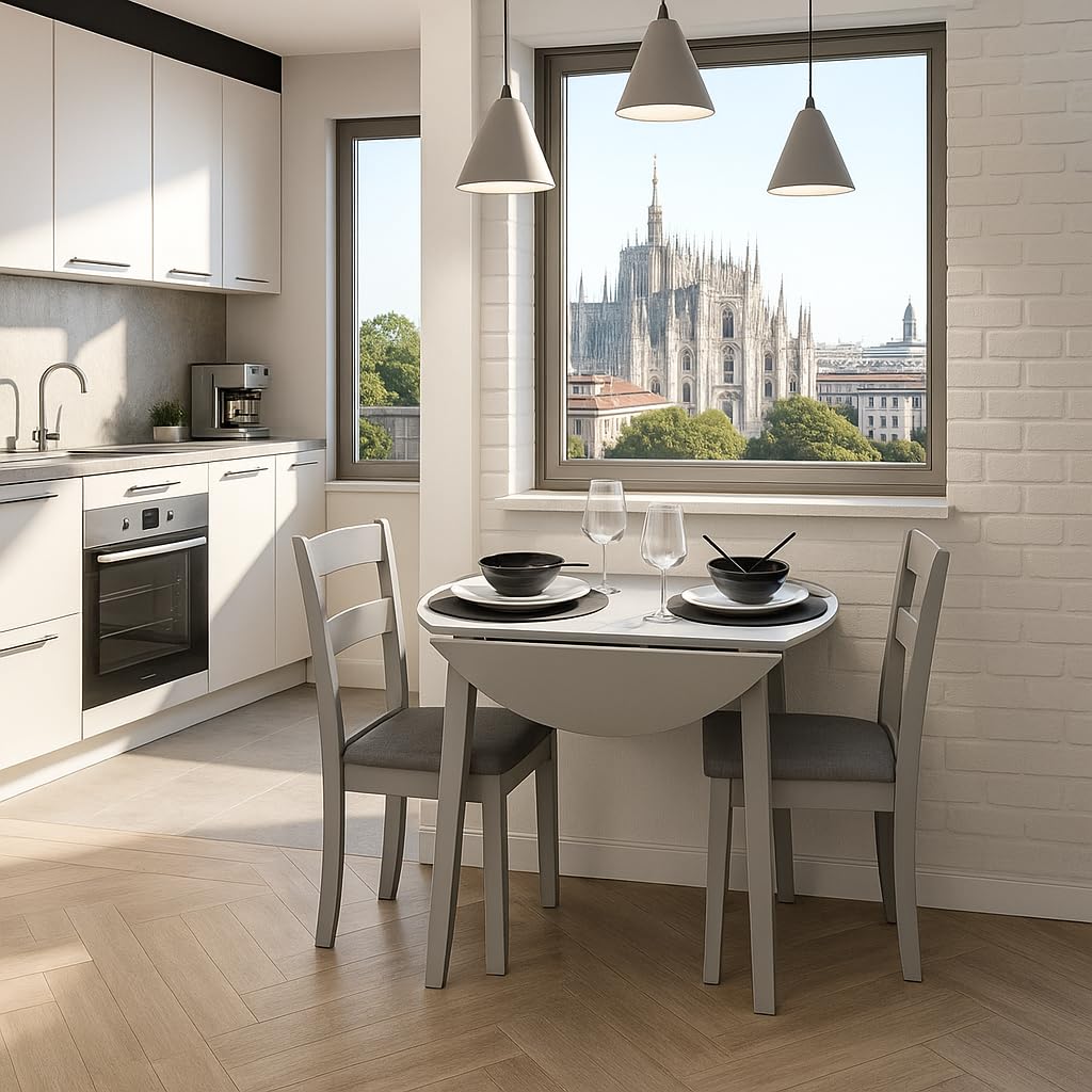 Homely - Conjunto de Comedor Dallas Grey | Mesa de Cocina Redonda Extensible de 90 cm (17,5/55 / 17,5) cm. | Mesa con 2 alas abatibles | 2 sillas de Cocina/Comedor de Madera Lacado en Gris