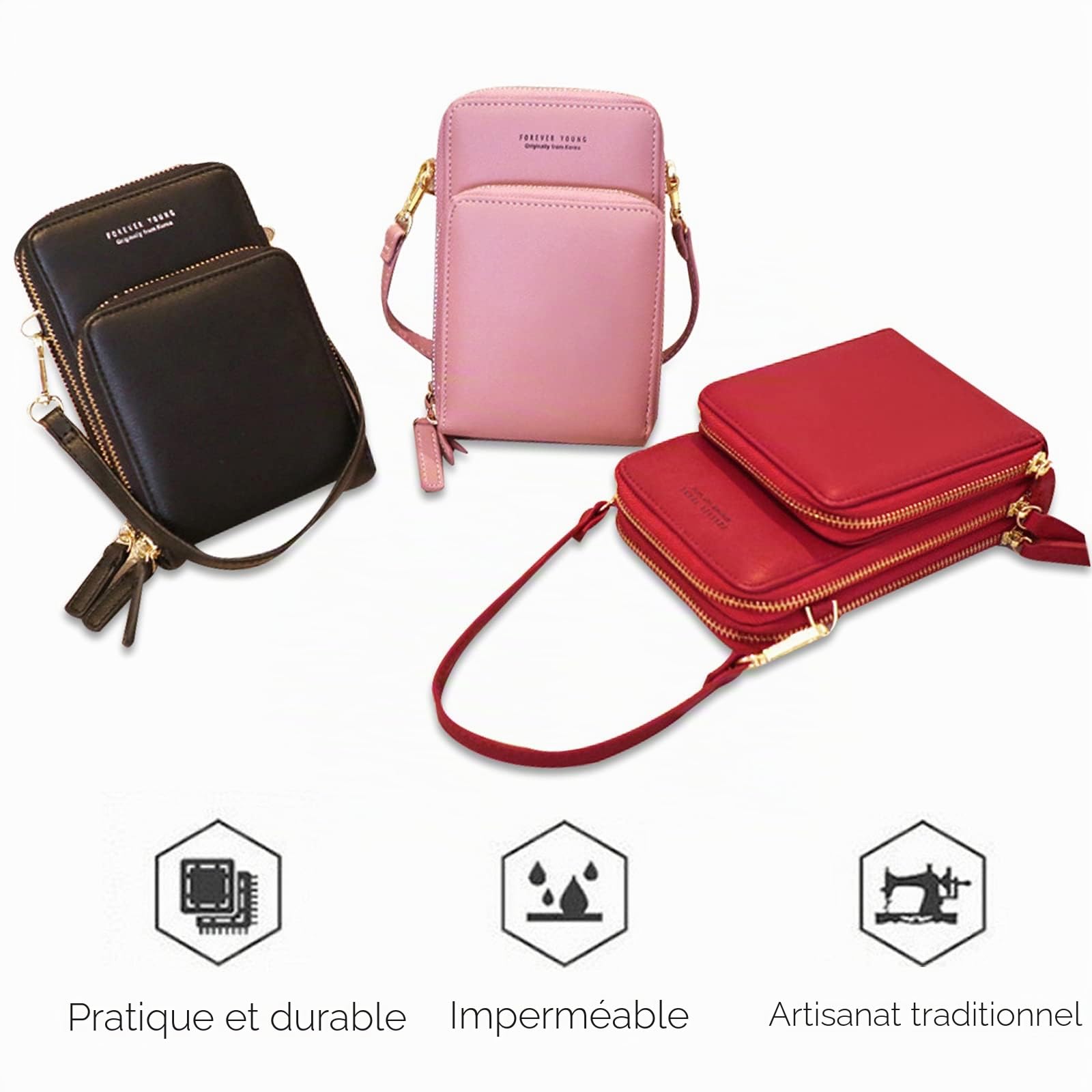 FANDARE Fille Sac de téléphone Femmes Sac Bandoulière Sac à Main Sacoche Portefeuille Portable Sac d'épaule pour Achats Fête École Voyage Cartable Pochette Étanche PU Cuir