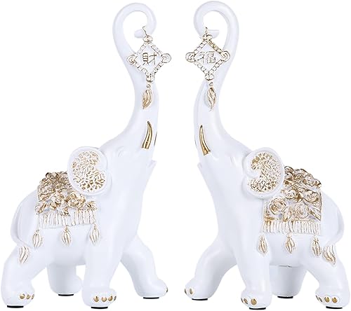 Estatuas de elefante blanco para decoración del hogar, un par de estatuas de elefante de la suerte blancas y esculturas decorativas para la sala,