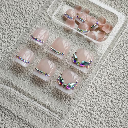 Image of Rhinestone Press on Toenails White French Tip Fake Toe Nails Shiny False Toenail with Design Summer Beach Toenail Press ons Glossy Reusable Artificial Acrylic Stick on Toes for Women Manicure 24Pcs