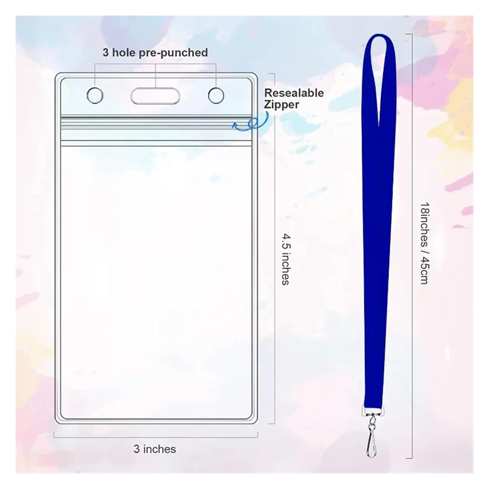 Lot de 12 cordons tour de cou avec porte-cartes - Couleur unie - Porte-carte transparent