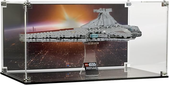 Display Case Compatible with Lego 75441 Star Wars Venator-Class Attack Cruiser - Acrylic Showcase with Stand and Themed Pre-Printed Background Set Not Included