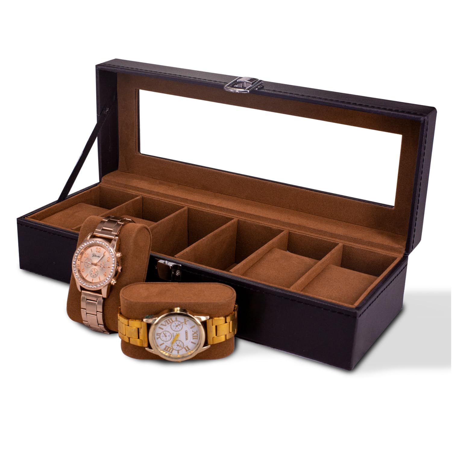HVMBEUGOS Watch Storage Box 6 Slots Watch Display Stand Case Leather Carbon Fiber Jewelry Bracelet Storage Box with Glass Cover (Brown 6 Slots)