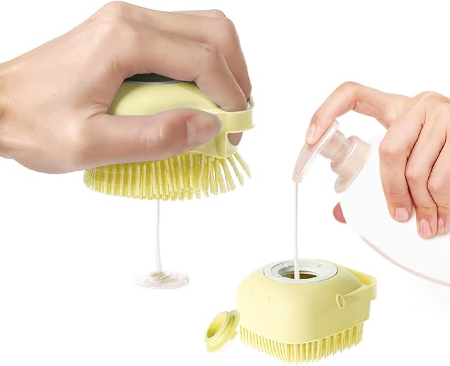 TODARRUN Dog Cat Bath Brush,Pet Grooming Soothe Massage Brush with Shampoo Dispenser Soft Silicone Bristle,for Short Haired Dogs Cats Shower