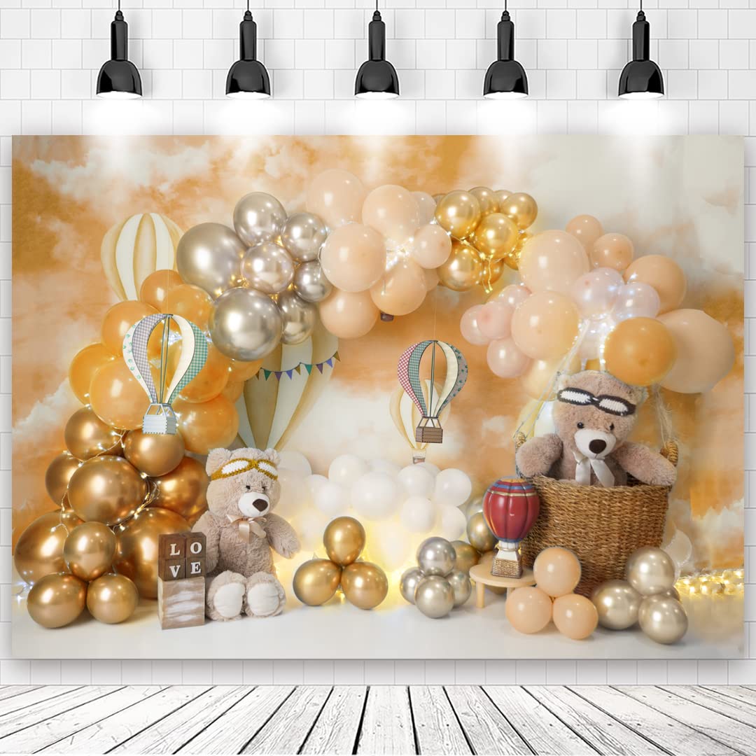 8x6ft Baby First Birthday Backdrop Boy Girl Gold Balloons Bear 1st Birthday Party Cake Smash Backdrops for Photography One Birthday Party Decorations Background Photo Shoot Banner