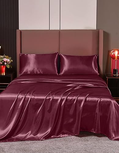 Vista 88 de 4 Pc Silk Satin Sheets Set Fitted & Flat Sheets Pillowcases Hotel Quality, Silky Soft Luxurious! Full, Hot Pink
