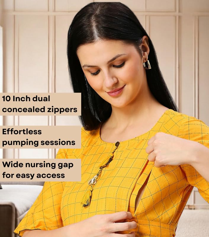 Image of DUMMY SHAPE Feeding Nighty | Maternity Dresses for Women Cotton Blend | Floral Pink Anarkali Kurta with Dual Nursing Zippers for Pregnancy & Breastfeeding | Gifts for Pregnant Women (