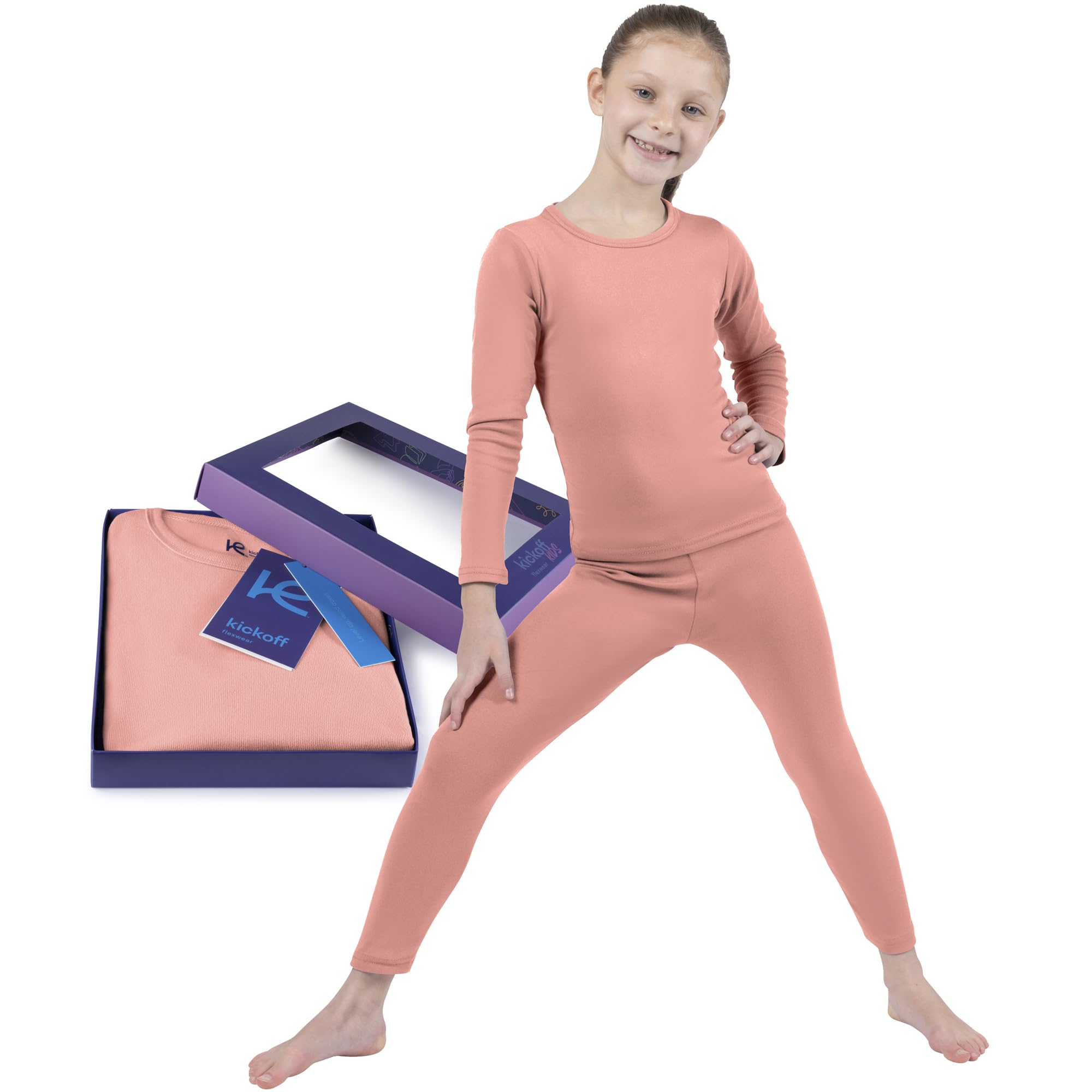 Kickoff Flexwear Thermal Underwear for Kids Thermals Top & Bottom Set Girls Thermal Set Kids Long Underwear Base Layer Pajamas (Dusty Pink - 8)