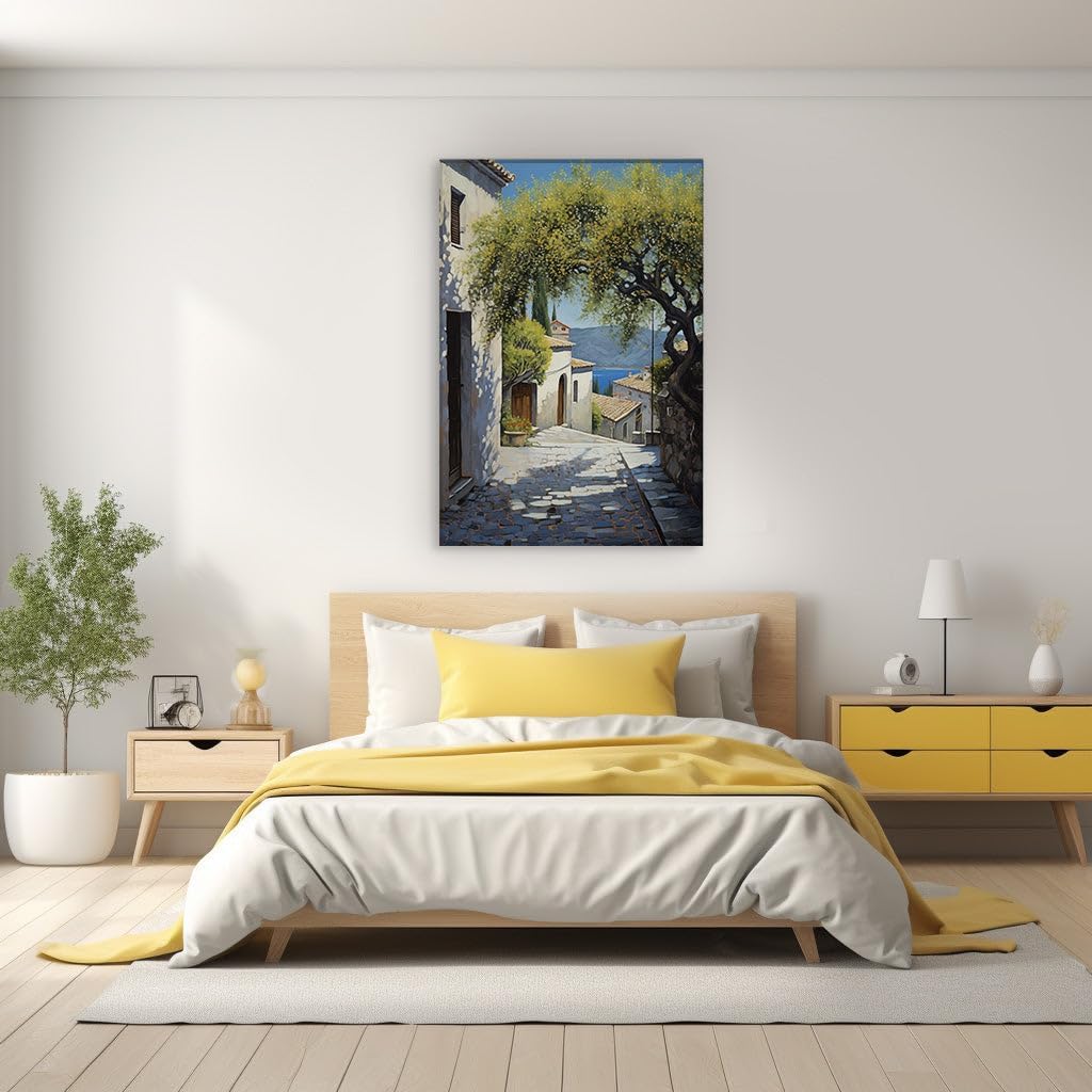 Canvas for Living room. Mediterranean Serenity in Bloom: Discover the Charm of a Village Cobblestone Passage, 27 x 18 inch Canvas Wall Art - Modern Home Decor