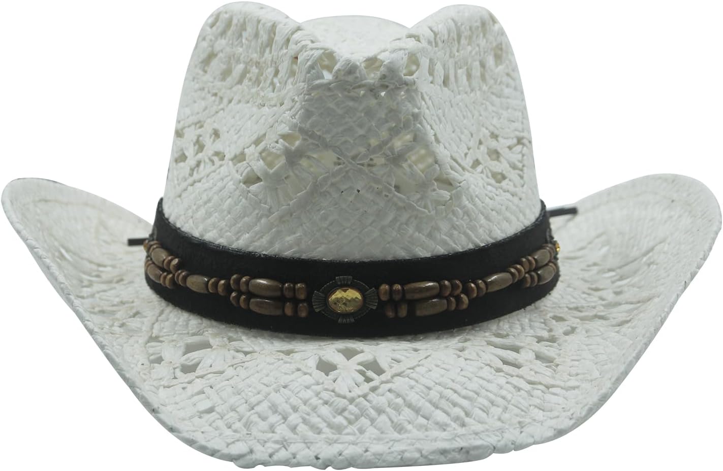 Straw Cowboy Hat W/Vegan Leather Band & Beads, Shapeable Brim (White)