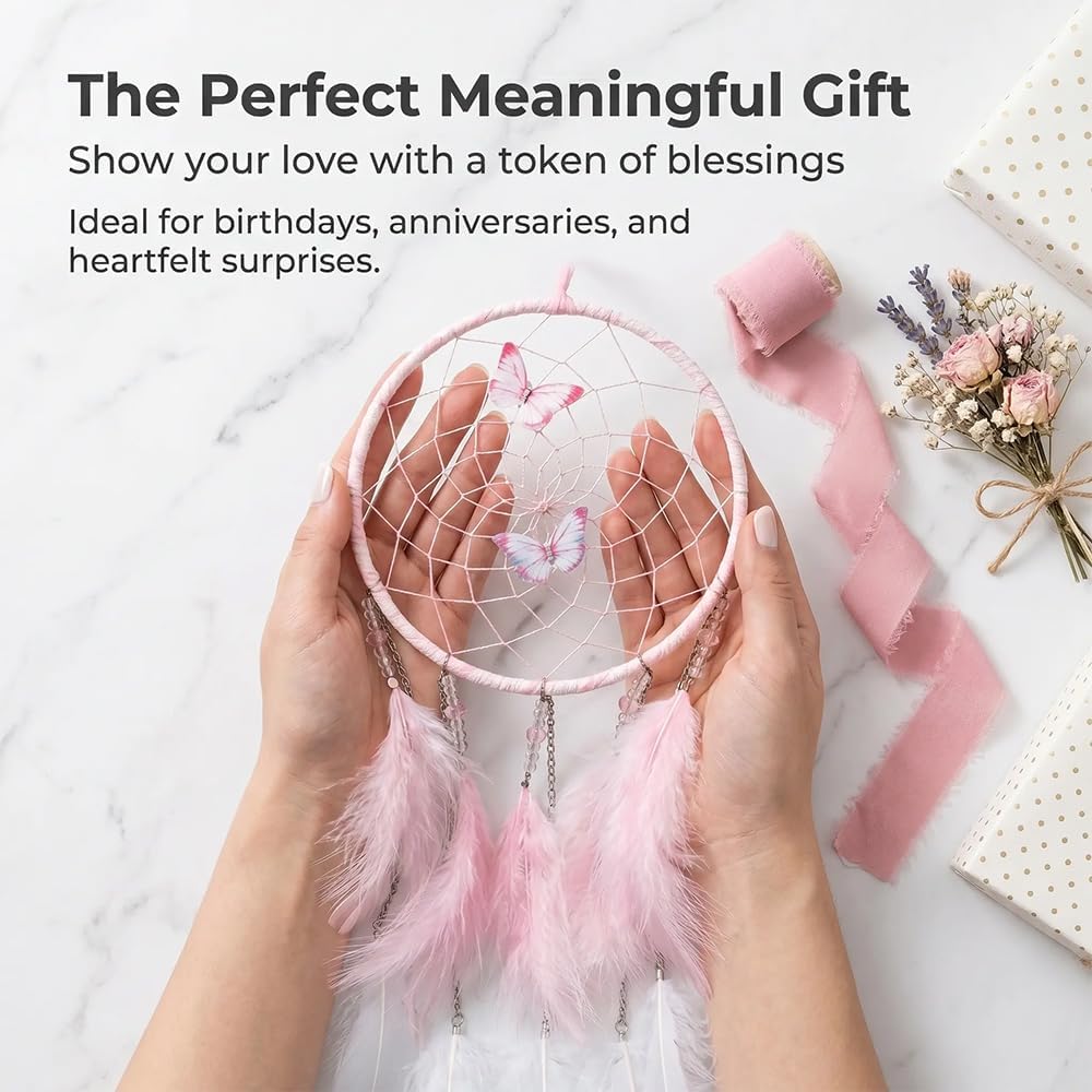 Pink Butterflies Dream Catcher Handmade Colorful Feather Dream Catchers Wall Decoration for Girls Kids ，Beautiful wall Art. Great Decoration for Bedroom,Baby Tent,Sitting Room,Balcony,Party. image 3
