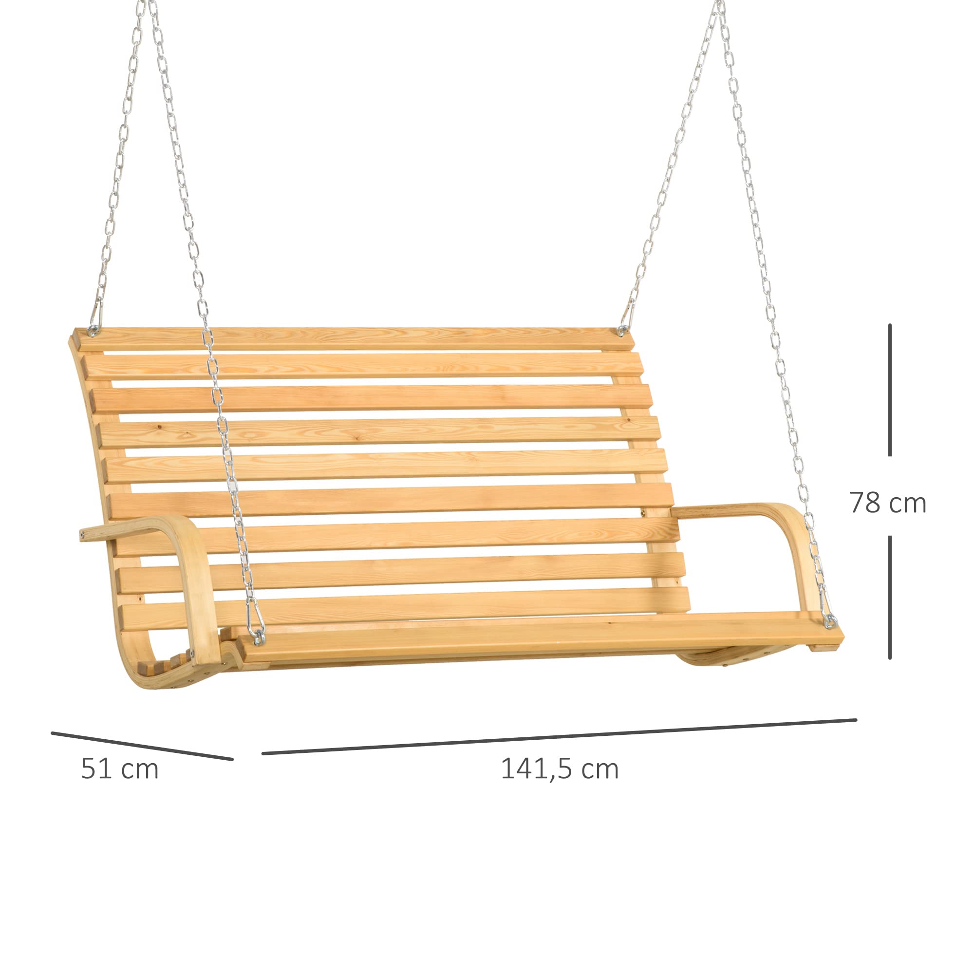 Outsunny Banco Columpio de Madera de 2 Plazas Banco Balancín Colgante Carga 250 kg para Jardín Terraza Balcón Patio 141,5x51x78 cm Natural