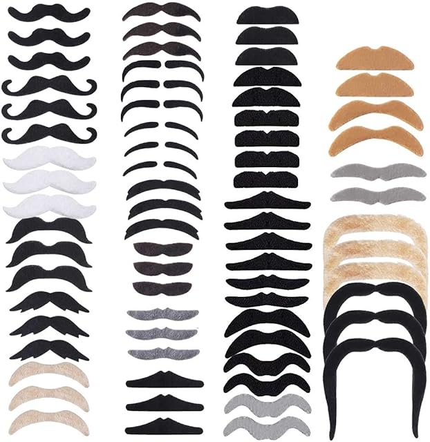 72 PCS Fake Moustaches, Assorted Novelty Self Adhesive 80s Moustaches Fancy Dress Thick moustache Stick on False Beard and Moustache for Adult Kids Mexican Masquerade Party Favor Costume Performance