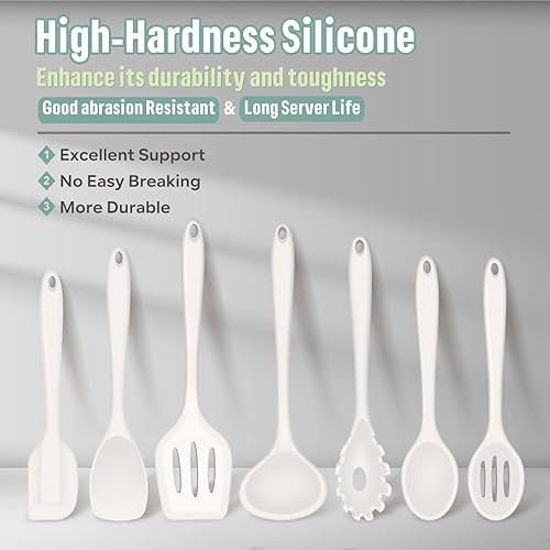 Miniatura 2 de E-far Juego de utensilios de cocina de silicona, 7 piezas, color blanco, resistente al calor, herramientas antiadherentes, espátula, cucharón,