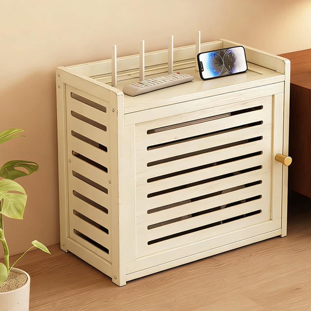 HEFJIAYCIQ Wooden Router Storage Box, Decorative Modem Wifi TV Set-Top Shelf, Power Strip Cable Management Hider Rack,White,40.5x20x28cm
