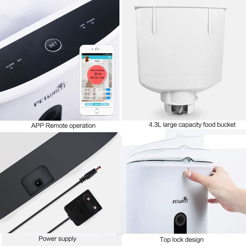 Composite image showing app remote operation, 4.3L food bucket, power supply, and top lock design of the Petwant PF-103 feeder
