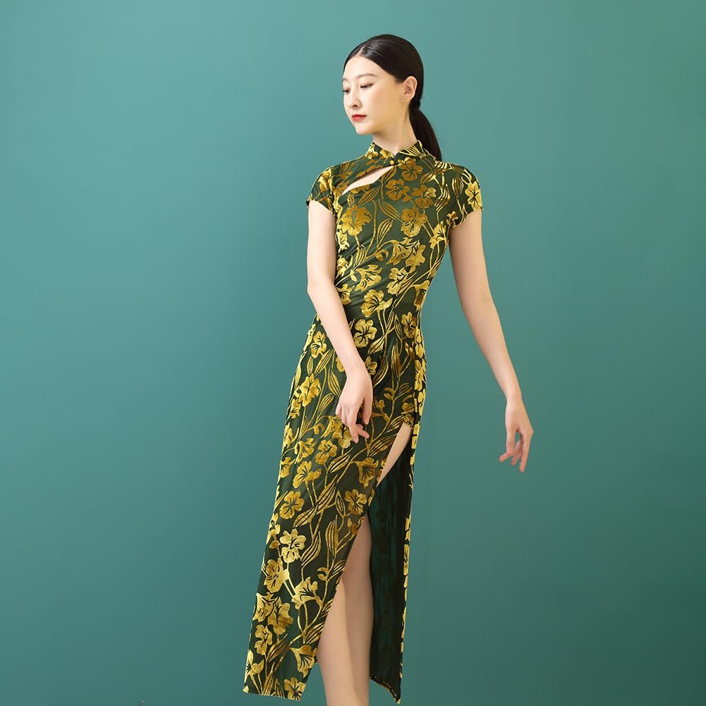 ROYAL SMEELA Vestito Qipao Velluto Donna Abito Cheongsam Cinese Verde Scavare Abiti Qipao Cheongsam Tradizionale Cinese Costume da Cinese Qipao Cinese Vestito Cinese Donna Qipao Fessura Lungo