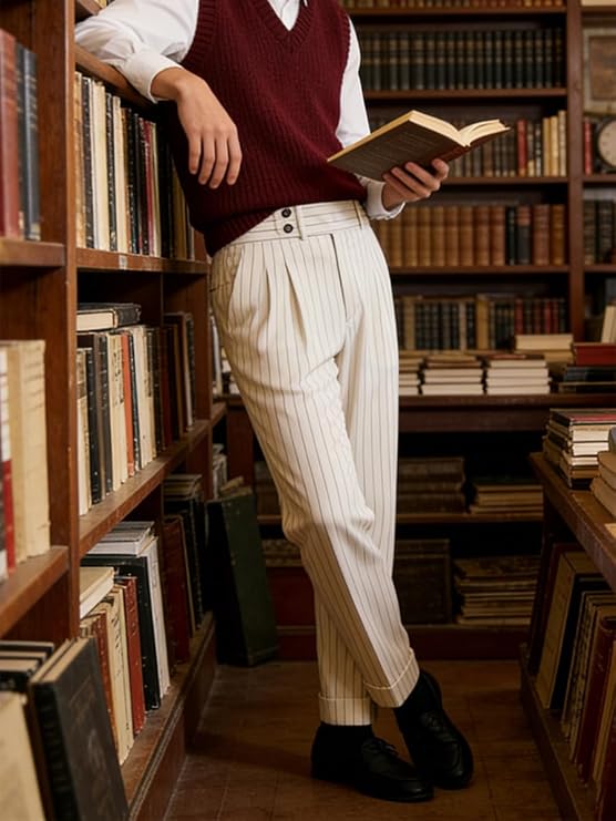 Men's Striped Pants Casual Retro Formal Classic Fit Dress Pants Versatile Italian Trousers