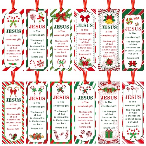 Haooryx Christmas Theme Bookmarks - 120Pcs Christmas Candy Cane Pattern Bookmarks with Red Ribbons Christian Religious Christmas Bookmark Party Favor for Sunday School Supply Classroom Students Reward
