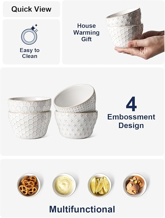 LE TAUCI Small Bowls 8 oz, Dessert Bowl, Ice Cream Bowl for Chili Dipping Sauce Coffee Bouillon, Ceramic Soup Cups - 4 inch, Set of 4, Arctic White