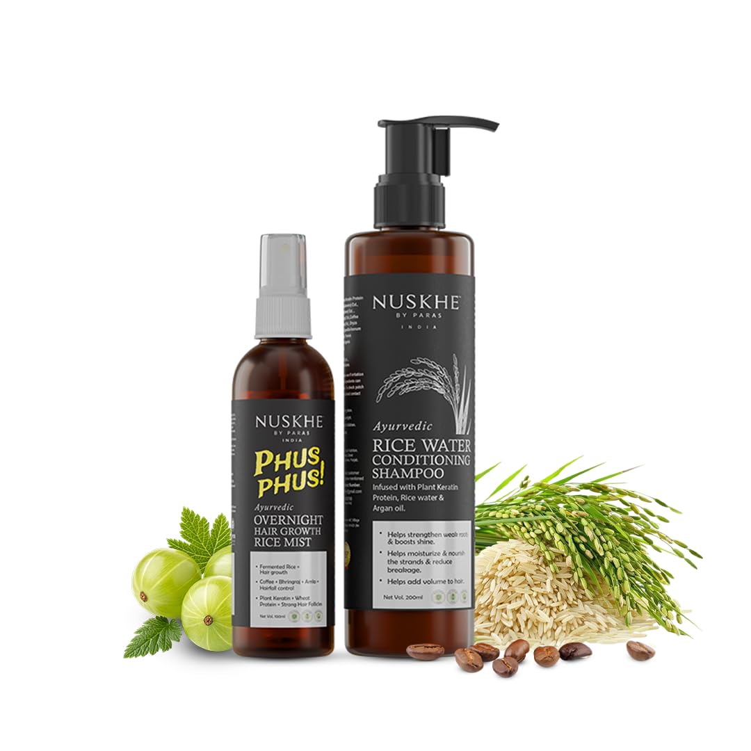 Nuskhe By Paras | Xtreme Hair Growth Combo | REDUCES HAIR FALL & PROMOTES HAIR NOURISHMENT | Ayurvedic Phus Phus Rice Hair Mist 100ml | Ayurvedic Rice Water Conditioning Shampoo 200ml