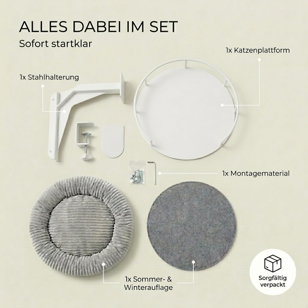 Katzenbett LEVI | Katzenbett Schreibtisch | Katzenplattform | Für Tische und Fenstersims | Inkl. 2 Betten | Cord-Design Grau | Robust und modern (Weiß)