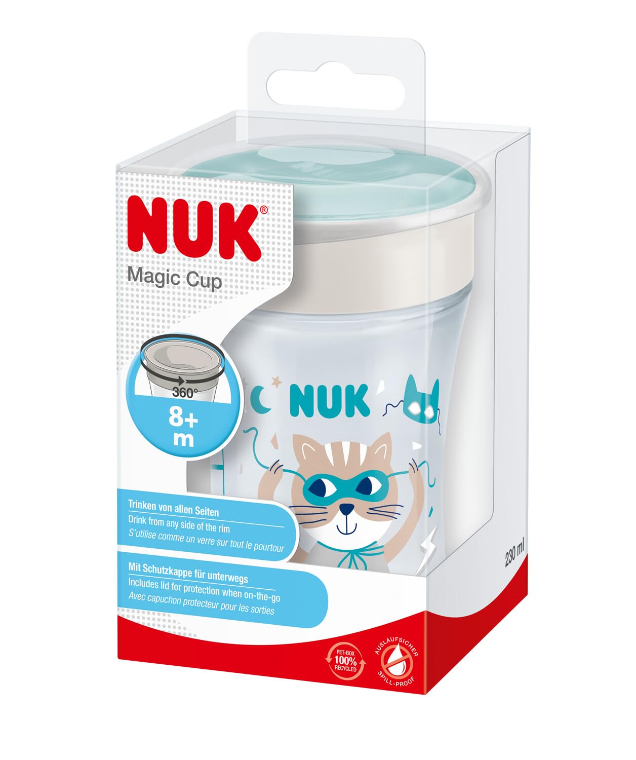 Kubek niekapek NUK Magic Cup | Krawędź zapobiegająca rozlaniom 360° Anti-Spill | 8+ miesięcy | Wolny od BPA | 230 ml | kot (szary)