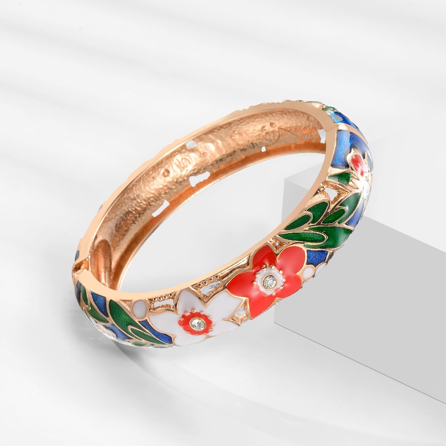 UJOY Womens Multi-Colors Cloisonne Bracelet Plated Flower Hollowed Enameled Hinged Cuff Bangles Jewelry Gift 88A10 - Image 4