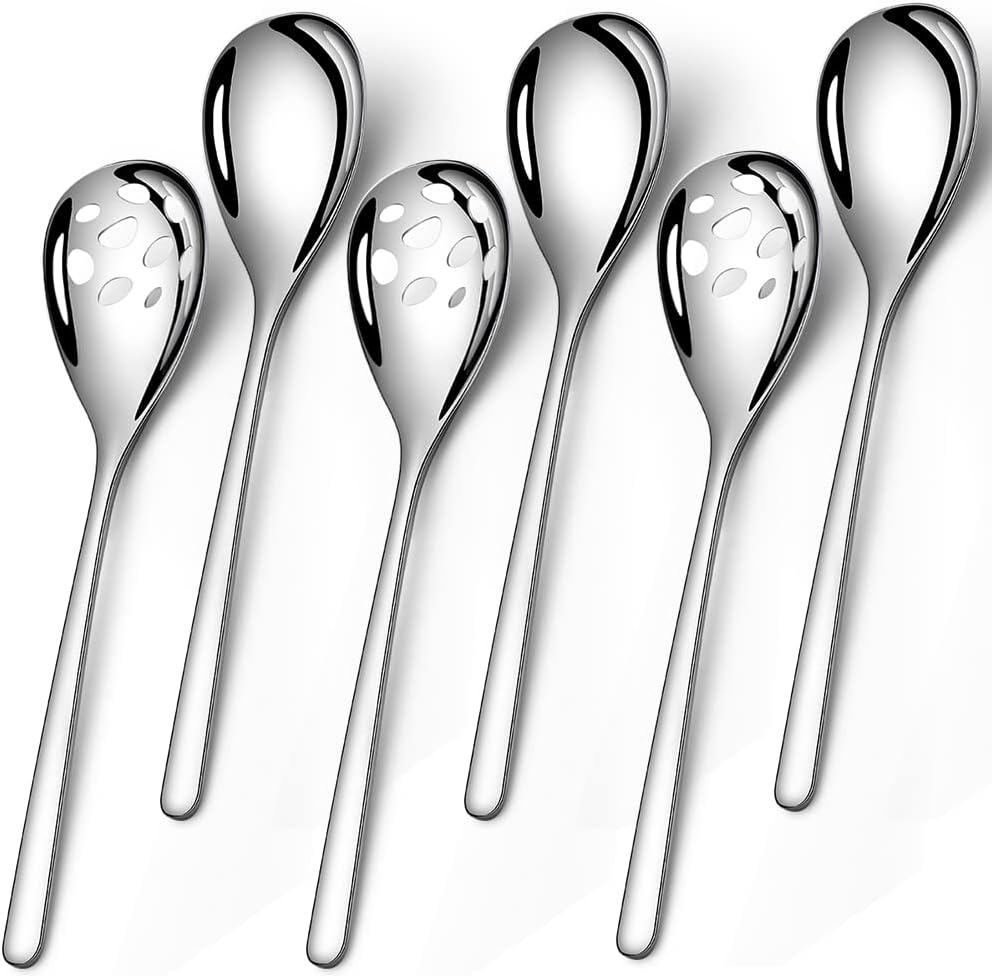 6-Piece Slotted & Solid Serving Spoons Set, 9.4 Inch Stainless Steel Perforated Serving Spoons for Vegetables, Salad, Pasta, 3 Tablespoons, 3 Slotted Spoons