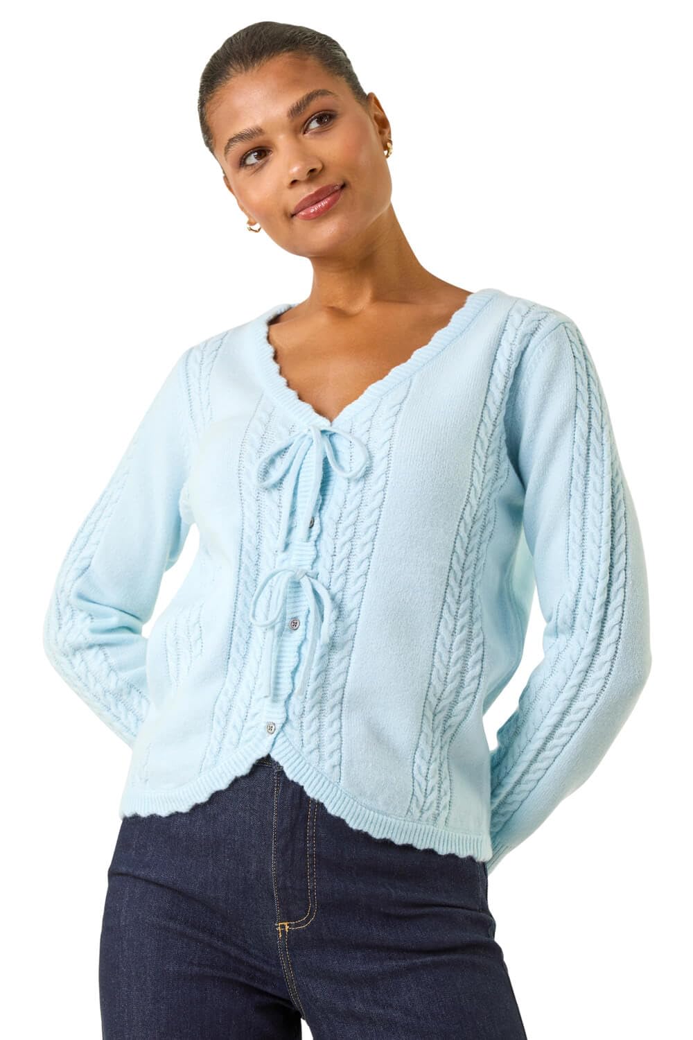 Roman Originals Women's Blue Bow Front Buttoned Knit Cardigan For Uk - Everyday Autumn Winter V-Neckline Comfy Soft Evening Vacation Work Party Night Out - Size L