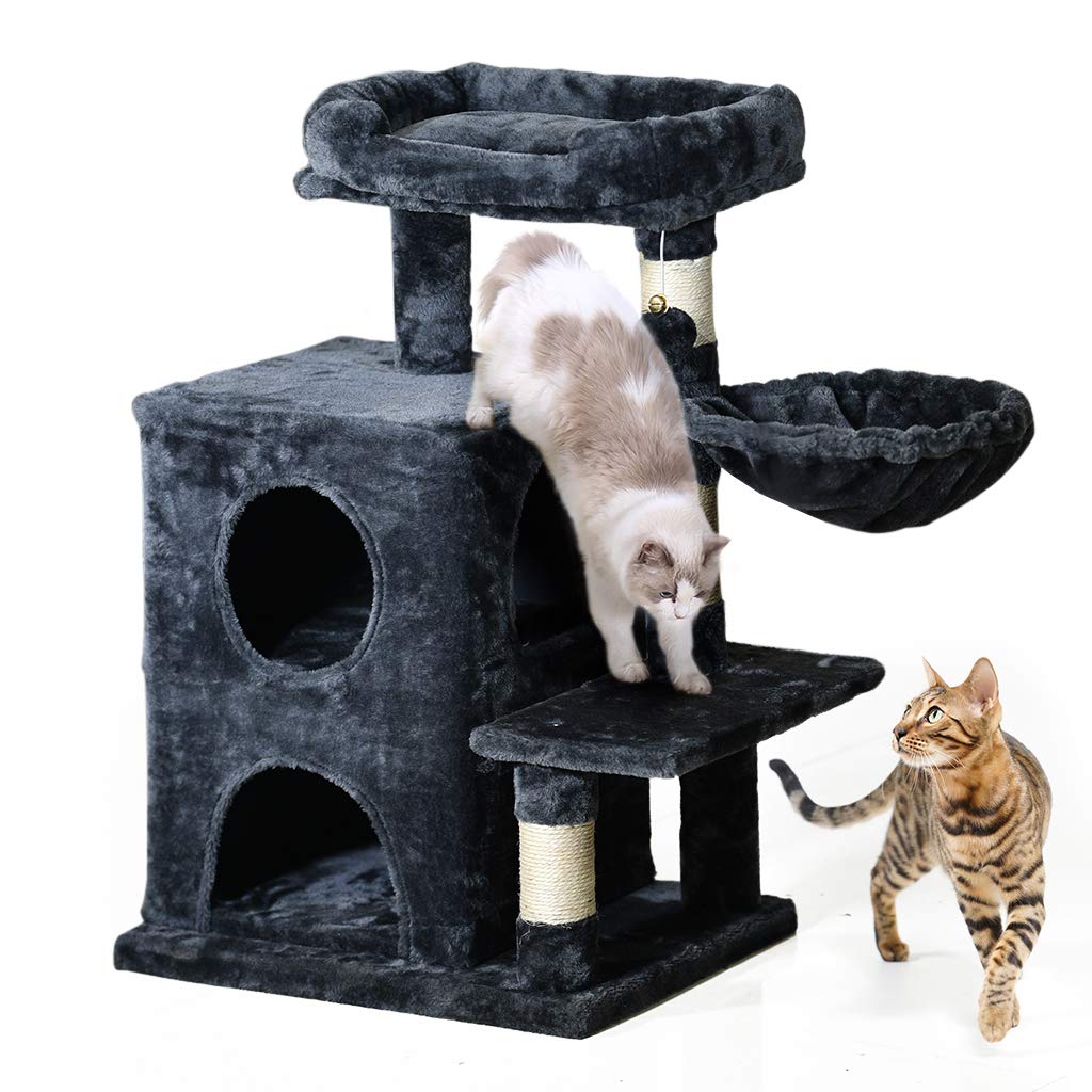 MQ Multi-Level Cat Tree, Cat Activity Center 31'' Cat Tower Furniture with Sisal-Covered Scratching Posts Padded Plush Perches Dual Condo Basket 2 Replacement Fur Balls for Small Large Adult Cats