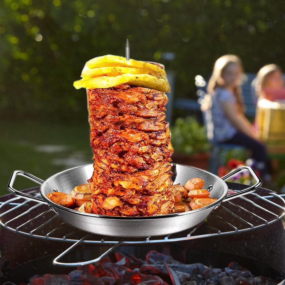 Pionowy stojak na szpikulce do mięsa z 3 wymiennymi kolcami, brazylijski stojak na kebaby do grillowania z tacą ociekową na całe kurczaki, ryby, kiełbasy, stek - zawiera czerwone i czarne szczotki