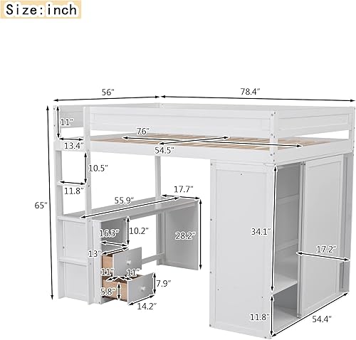 Miniatura 252 de Quarte Cama alta multifuncional, cama alta tamaño matrimonial con escritorio integrado y estantes de almacenamiento, dos cajones y escalera de