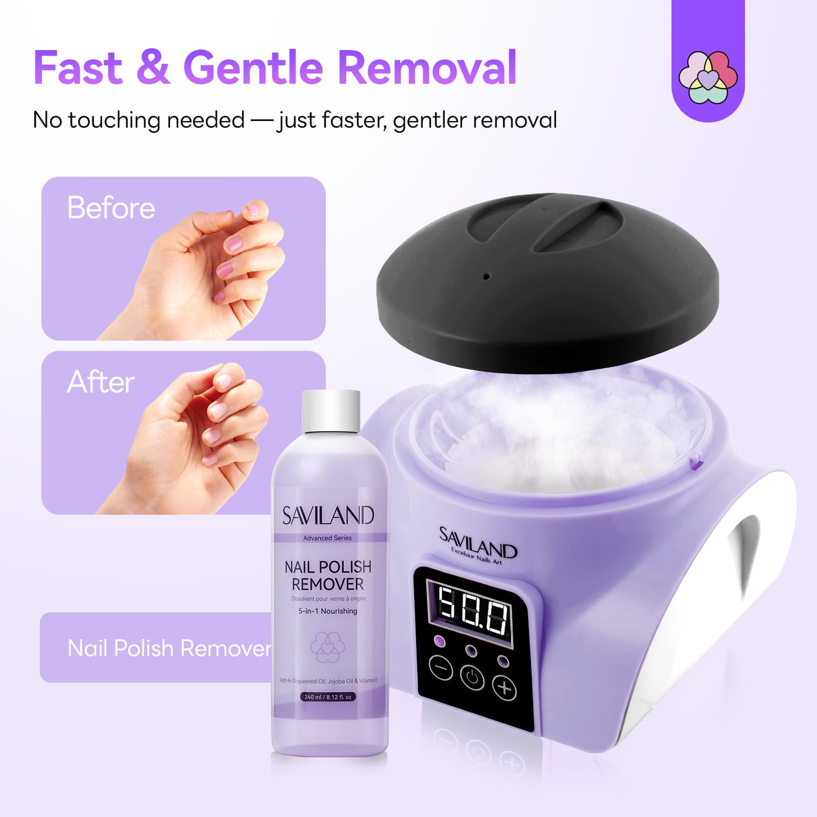 SAVILAND Essentials Nageldampfer Entferner Set: Ultraschnelle und Unschädliche Gel Nagelentfernungsmaschine mit Nagellackentferner Elektrischer Nagel Soak Off Schüssel Nano Dampftechnologie Aceton