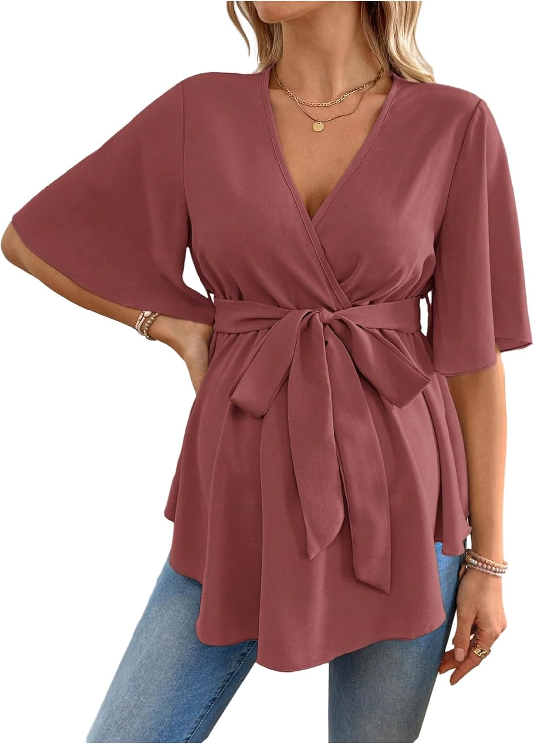 MakeMeChic Women's Maternity Nursing Blouse V Neck Wrap Ruffle Short Sleeve Belted Pregnancy Shirt Business Work Tops