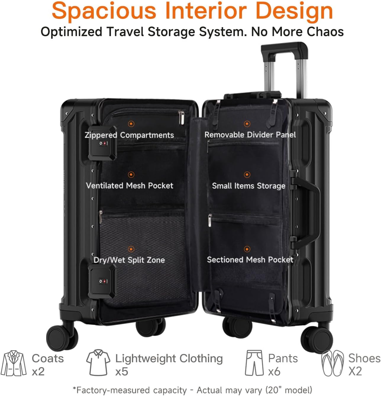 20-inch Carry On Luggage - Zipperless, Aluminum Frame, No Zipper Hard Shell PC Suitcase, Noble TSA Airline Approved Suitcases with Spinner Wheels