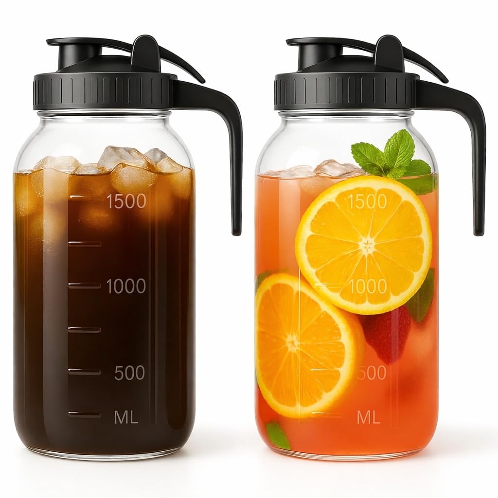 mason jar pitcher set of 2-64oz (2 quart) airtight & leakproof glass pitcher with lid, perfect for storing breastmilk, cold brew, sun tea, with easy-pour spout lid
