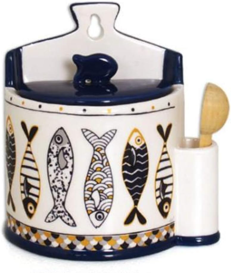 Blue/Gold Nautilus Fish Design Ceramic Salt Box with Wooden Spoon