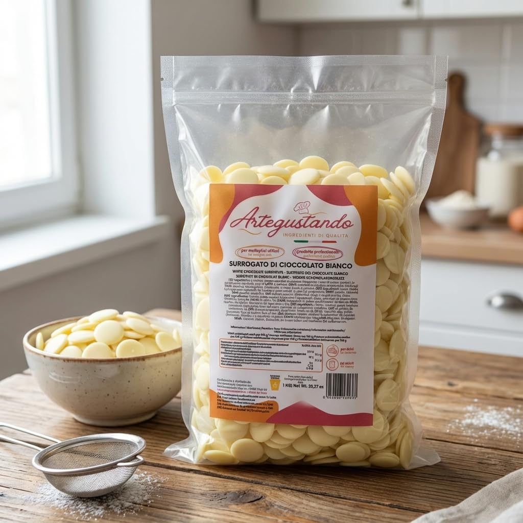 Artegustando Surrogato di Cioccolato Bianco a dischi 1 kg Professionale Alta Qualità Italiana – Senza Glutine Con Latte e Siero di Latte – Per Pasticceria e Dolci