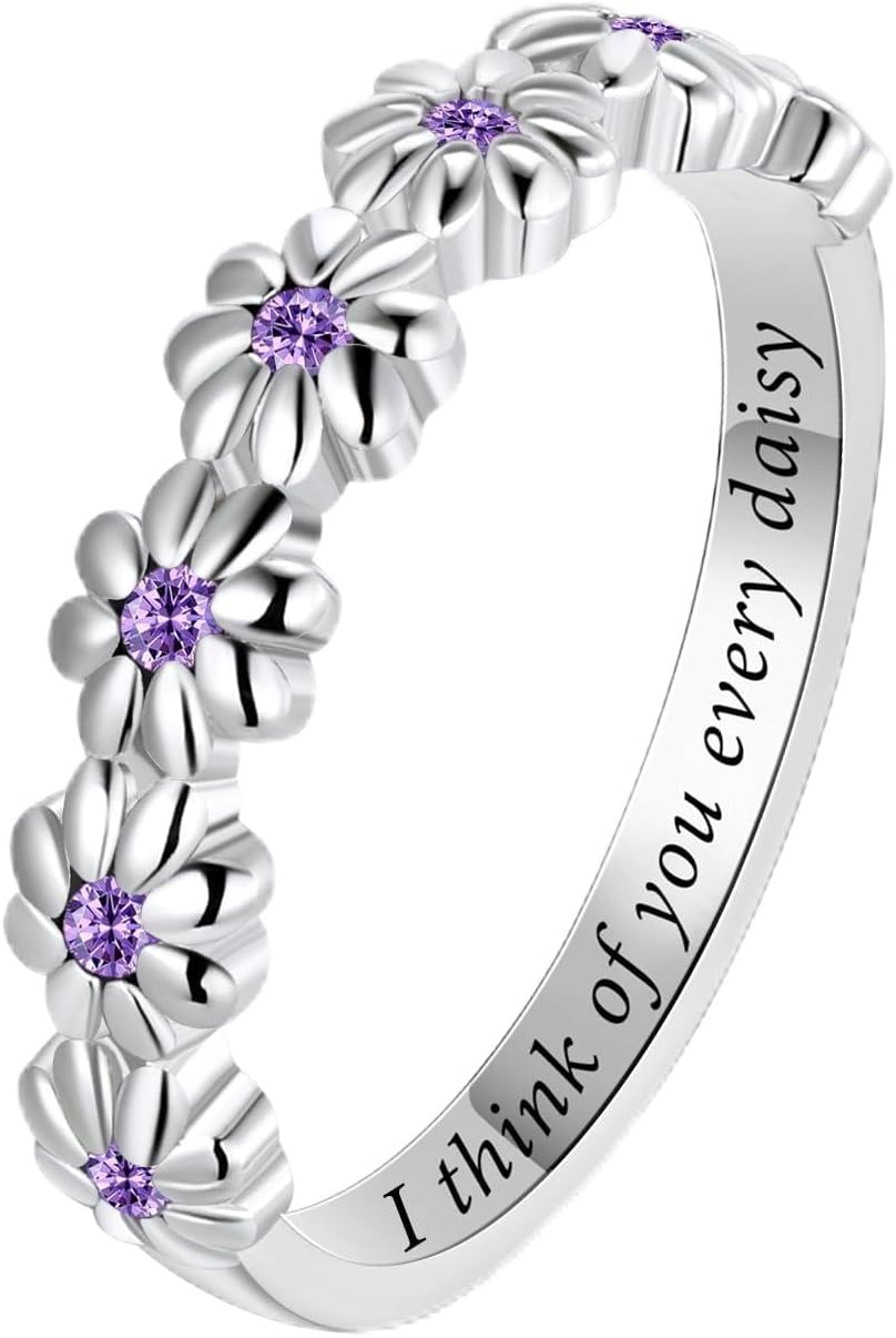 Dainty Daisy Ring for Women, S925 Sterling Silver Cubic Zirconia Sunflower Flower Ring For Daughter, I Think Of You Every Daisy Ring, Birthstone Flower Ring
