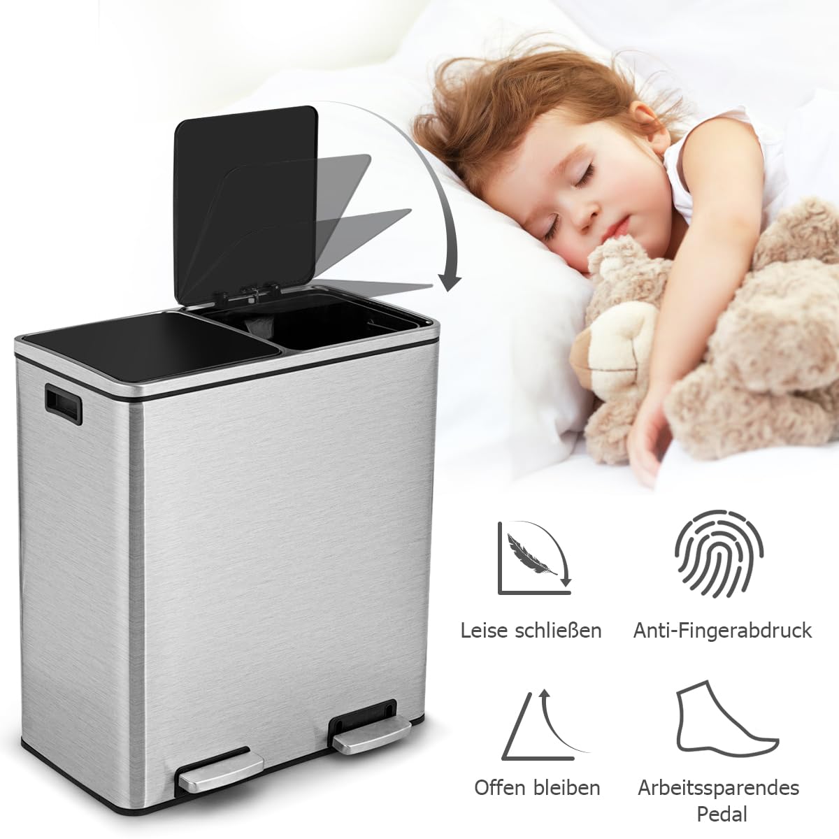 GOPLUS Cubo de basura de acero inoxidable, 2 x 30 L, con 2 compartimentos, a prueba de olores, con tapa, asas, pedal de metal y 2 cubos interiores de plástico, cierre de suavidad para cocina y salón