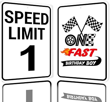2PCS 9.1x12 InchesSpeed Limit 1 Mph Sign Slow Down Traffic and One Fast Birthday Boys Paper Sign for Boys Birthday Party Supplies, Man Cave Garage Cars Race Car Theme Room Bedroom Wall Decor. Boy