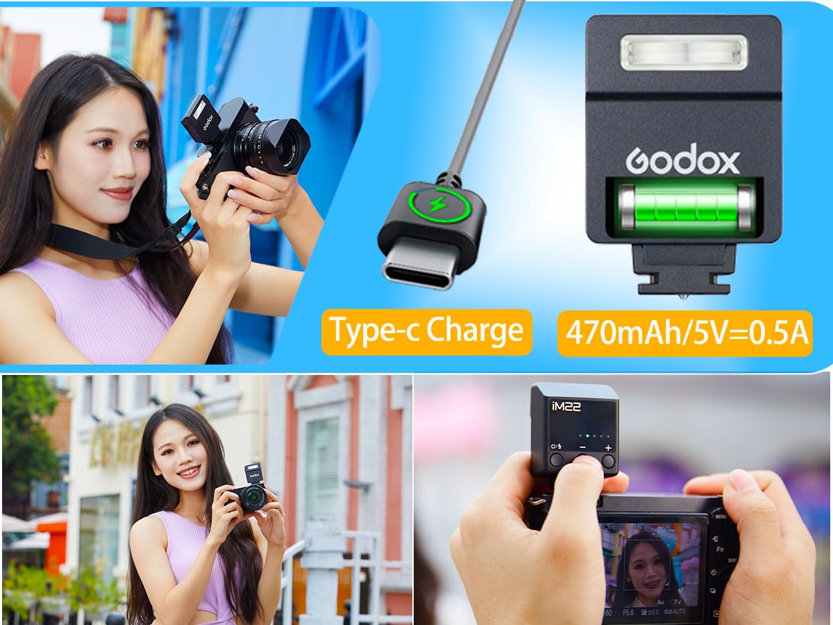 Flash Godox iM22 Mini Speedlite de Cámara, 5 Niveles de Potencia, 440 Destellos a Potencia Completa, Carga USB-C, Compatible con Ricoh GR III, Ricoh GR III X, Canon Sony Nikon Pentax Panasonic Olympus