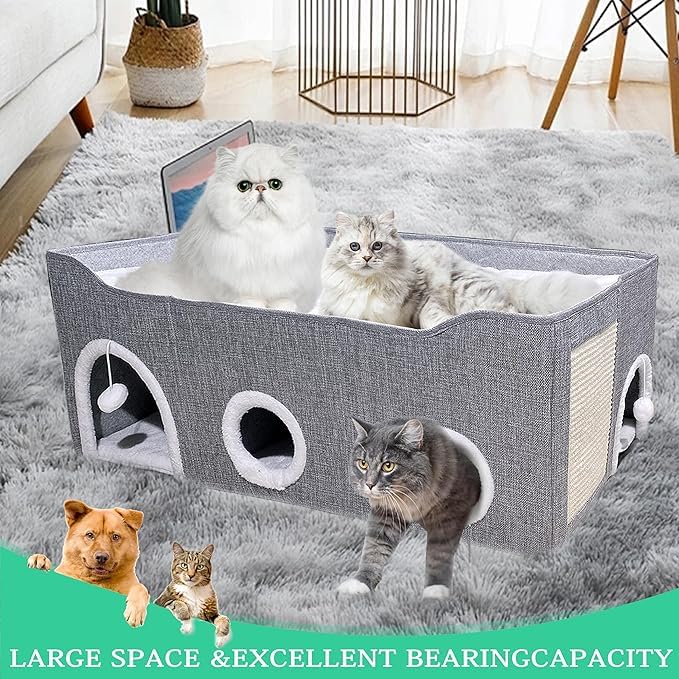Large Cat House for Indoor Cats, Cat Cave Bed for Large Pet Cats, Foldable Cat Hideaway with Scratch Pad, Covered Cat Bed (grey, XXL)