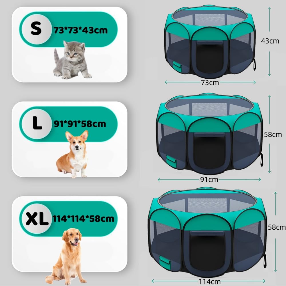 折り畳み 八角形 ペットサークル グリーン 収納付き ポケット メッシュ 折り畳み 八角形 ペットサークル グリーン 収納付き ポケット