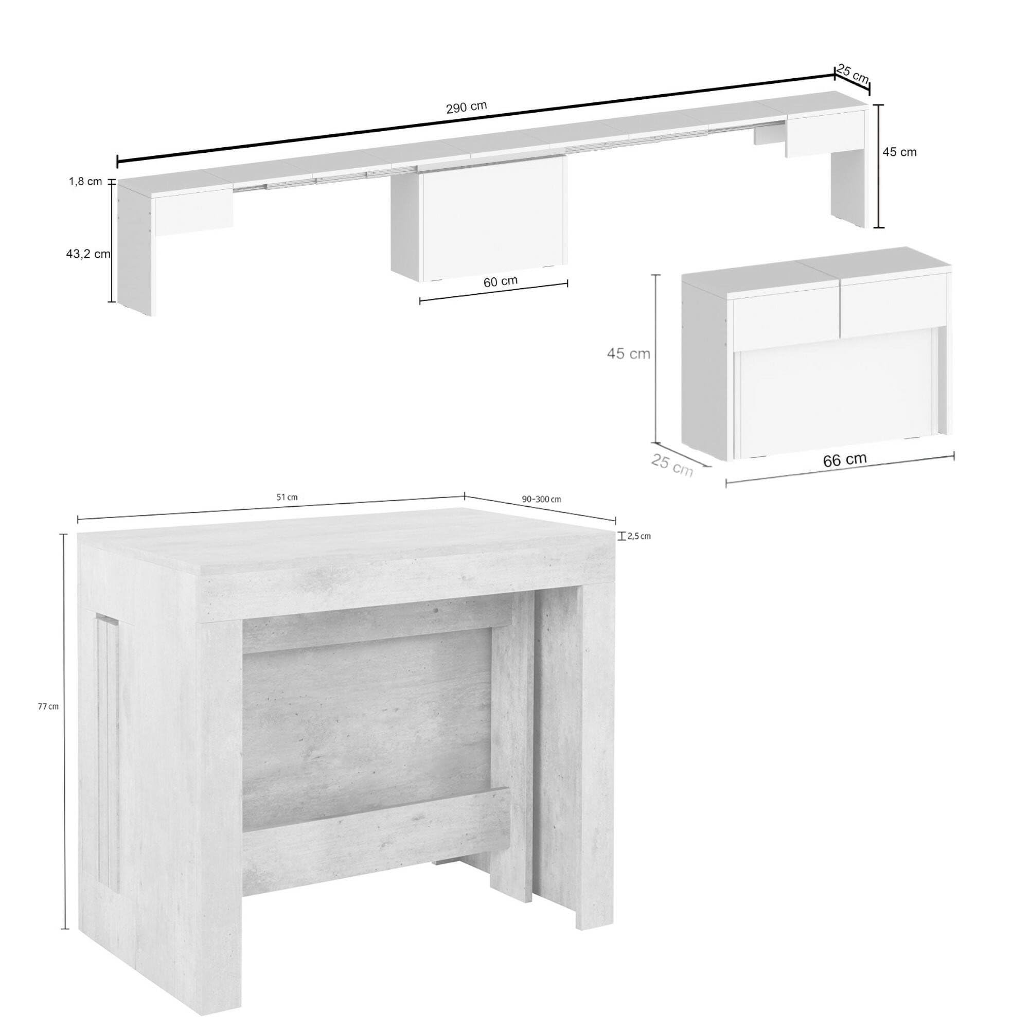 Dmora - Set tavolo e sedie Crispin, Composizione multiuso, Set con consolle e 1 panca allungabili, 100% Made in Italy, 66x25h45 cm, Bianco